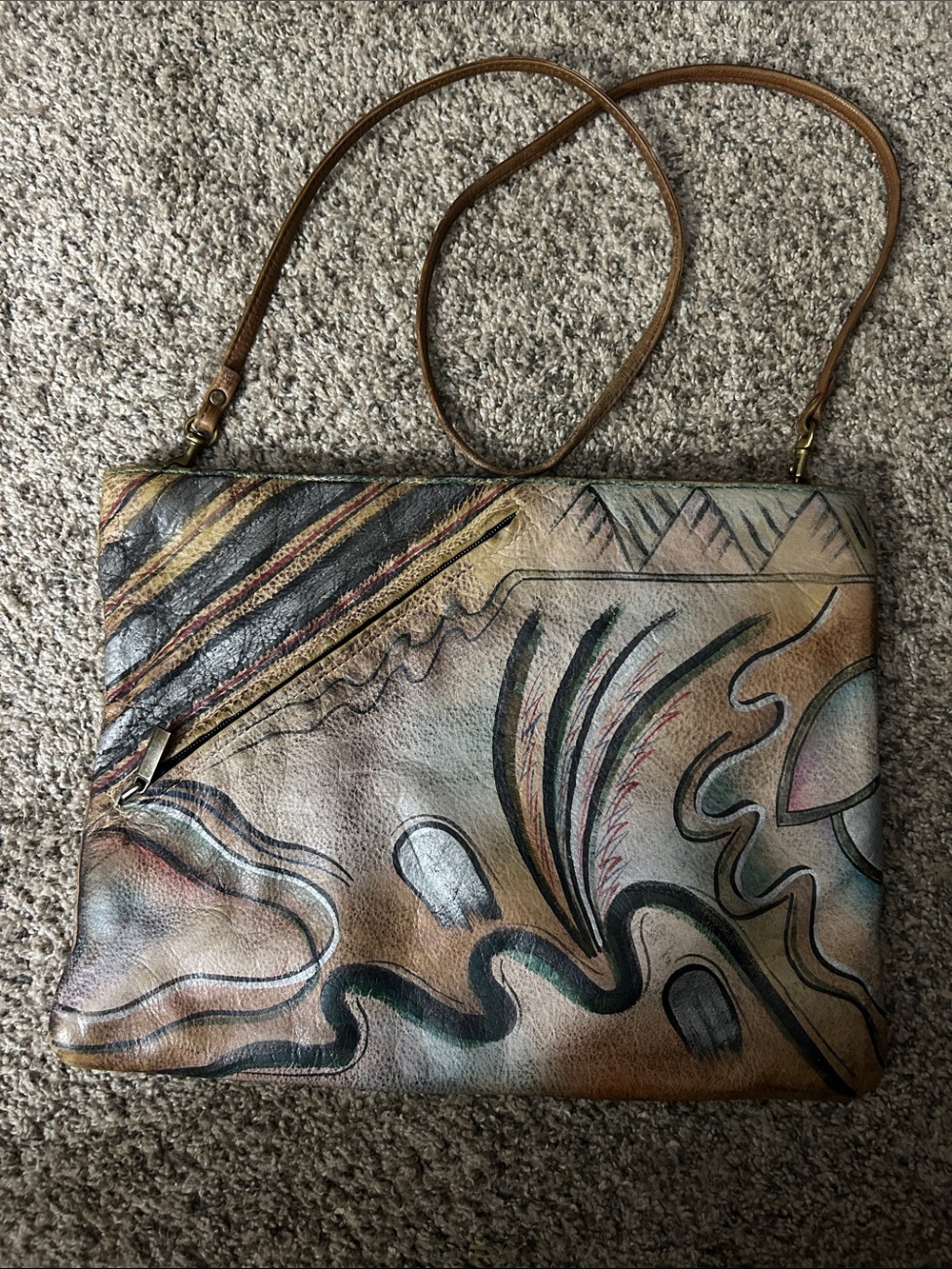 Vintage 80s Allan Edward Hand Painted Leather Shoulder Bag Clutch Abstract Art